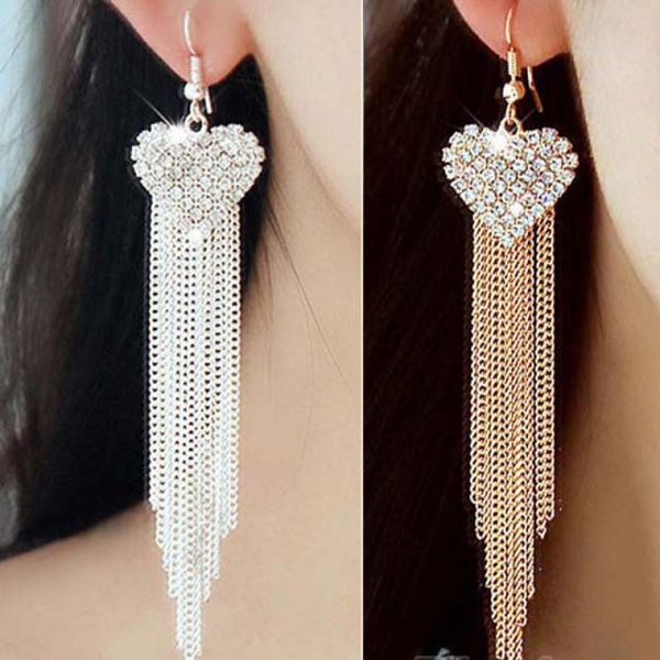 

new fashion white crystal heart dangle earrings for women tassel long bling rhinestone earrings jewelry love wedding bridal gift, Silver