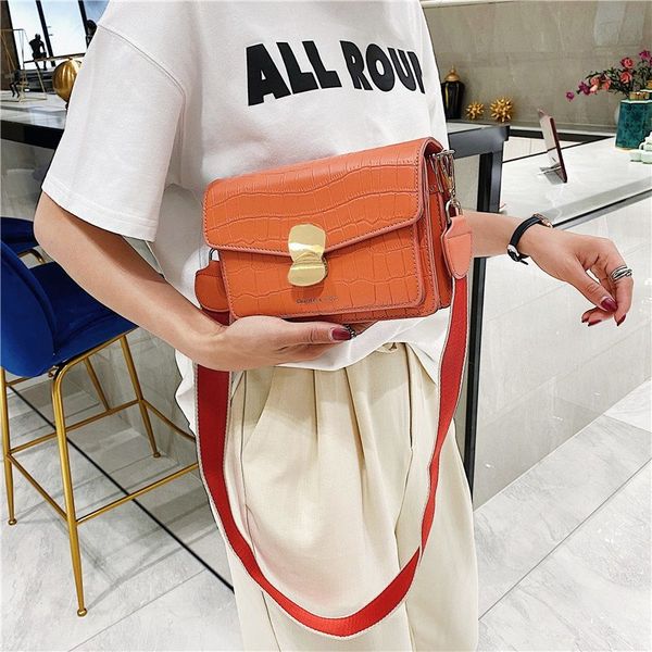 

women's bag 2020 summer new fashion girl candy color messenger wide shoulder strap stone pattern pu lady small square bag black