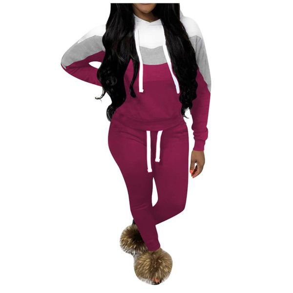 

fashion womens long sleeve and pants stitching hooded running set color casual sports set thickened sportswea deporter#, Black;blue