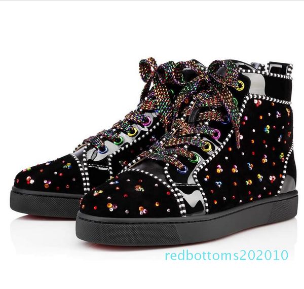 

new 2019 luxurious sneakers red bottom shoe low cut orlato spike shoes for men and women shoes party wedding crystal leather sneaker rr10, Black