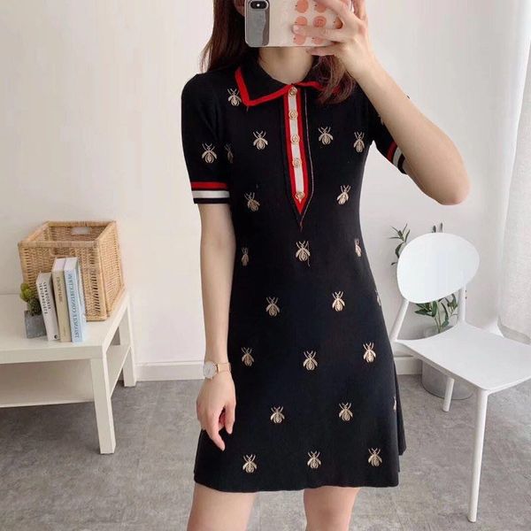 

wholesale/retail short sleeve dress for women lapel neck panelled bees embroidery office lady clothes with black/white dresses, Black;gray