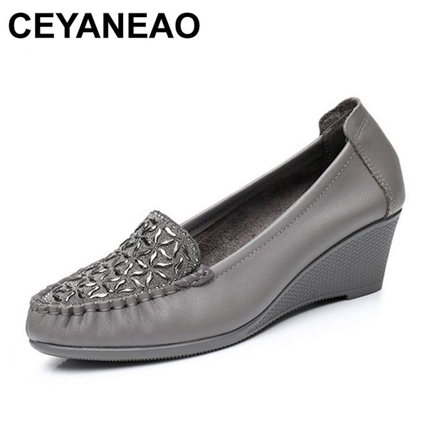 

ceyaneao new genuine leather crystal wedges women's shoes comfortable women pumps fashion high heels elegant mother shoes, Black