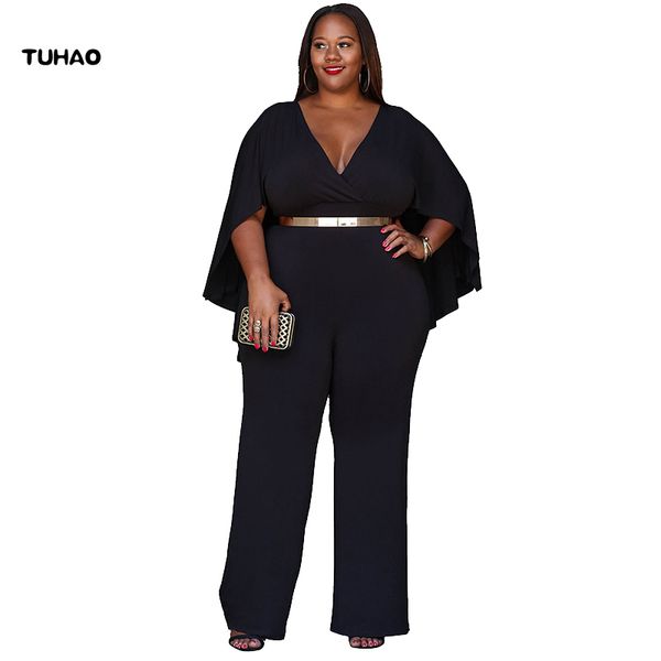 

tuhao female large size jumpsuit 2018 summer plus size 3xl office lady overalls loose ruffles women's jumpsuits lm04, Black;white