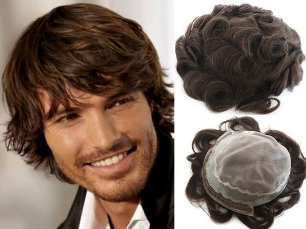 Venda quente Castanho Escuro # 2 Cor Peruca para Os Homens Completos Rendas Suíço Do Cabelo Pieces Brasileira Virgem Do Cabelo Humano substituição