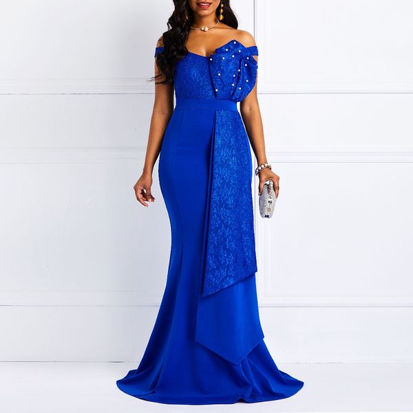 

women off shoulder long dress slash neck beads skinny prom evening fashion plus size lace elegant party maxi dress, Black;gray