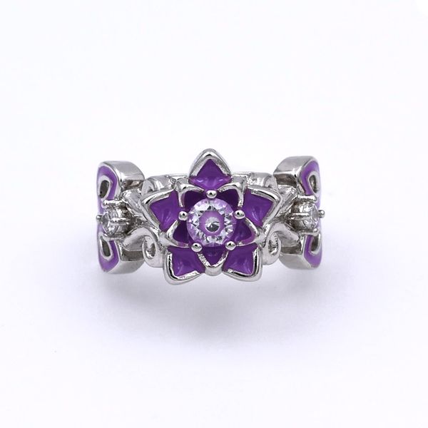 

elegant lotus flower zircon engagement ring for women unique purple enamel wedding rings fashion brand jewelry gifts anillos, Golden;silver