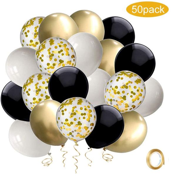 

black and gold confetti balloons, 50 pack 12inch white latex party balloon set with gold ribbon for wedding birthday mother's day baby