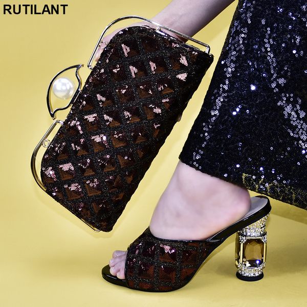 

new arrival summer high heeled shoes for women nigerian women wedding shoes and bag set metal decoration super high (8cm-up, Black