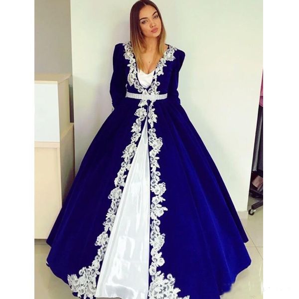 Royal Blue mangas compridas Árabe Prom Dresses A Linha V profundo Neck Lace apliques Quinceanera vestido de festa Formal Kaftan Vestido Custom Made