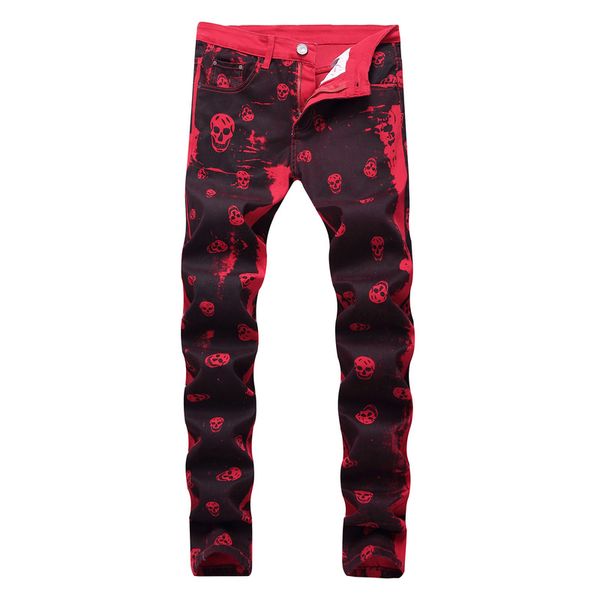 

men's skull printed red denim jeans plus size fashion slim fit pattern painted stretch pants, Blue