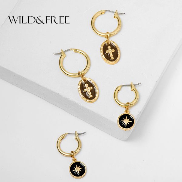 

wild&vintage small hoop earrings for women girl enamel gold round coin cross charm pendant earring piercing brincos jewelry, Golden;silver