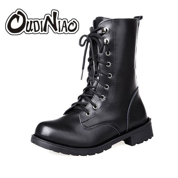 

oudiniao женская мода армия короткие толстые пятки сапоги женщина большие размеры зашнуровать твердые женские сапоги toe новая весна platfro, Black