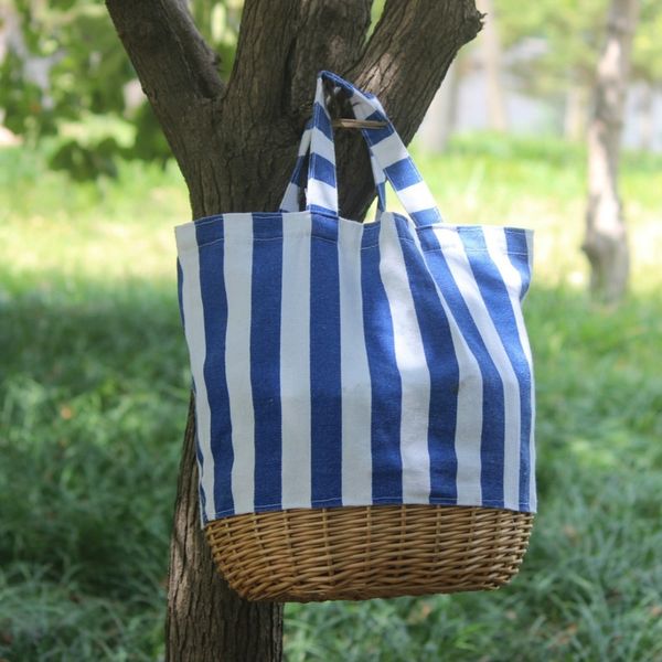 

2020 women casual red blue black stripes straw bag straw rattan linen stitching handbag striped canvas woven shoulder bag