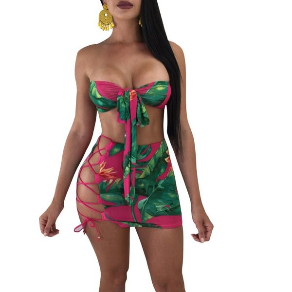 

women floral print summer set two piece sets bow tie strapless crop and lace up skirt set party 2 piece bodycon dress, Gray