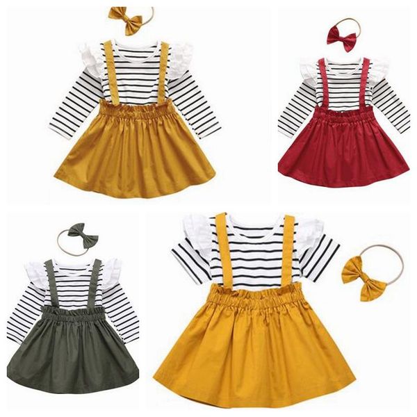 

kids clothes sets girls t shirt suspender skirt bow hair band 3pcs set baby stripe lace shirt sling skirts bowknot hairband outfits zyqa475, White