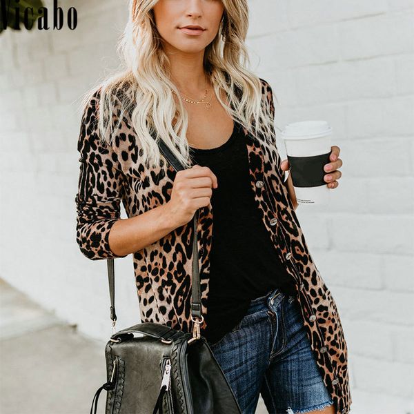 

vicabo fashion leopard print long cardigan women casual long sleeve button sweater autumn streetwear thin female outerwear coat, White;black