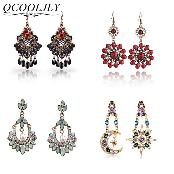 

qcooljly vintage moon star earrings personality new arrivals crystal flowers dangle earrings trendy plant geometric, Silver