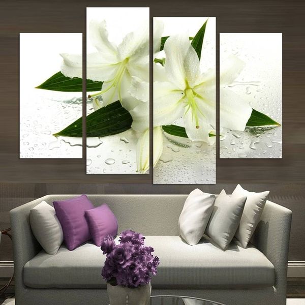 

4panel unframed lily white flower wet oil painting on canvas wall art painting art picture for home decoration