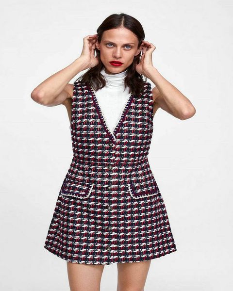 

autumn winter dress women vintage lady small fragrance wind style casual sleeveless v-neck elegant plaid print tweed vest dress, Black;gray