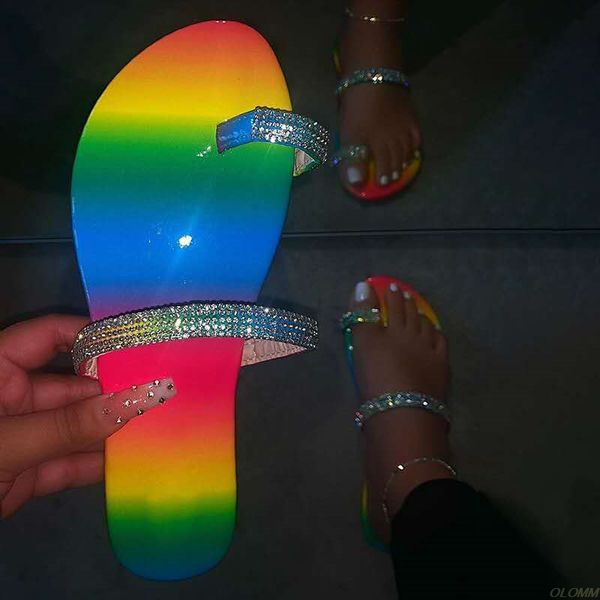 

rhinestone shoes woman crystal slippers comfortable soft flat slides rainbow stripes beach sandals, Black