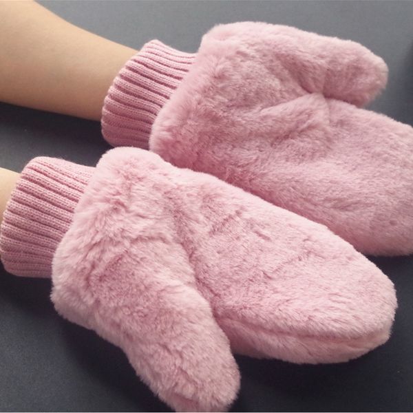 

pink women winter gloves pure color fur mittens soft warm female gloves knitted wool for girls t3, Blue;gray