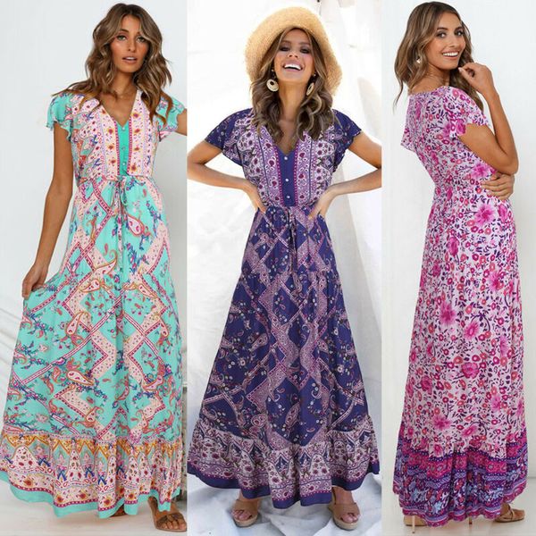 

women boho long maxi dress party summer holiday beach dress strap holiday sundress, Black;gray