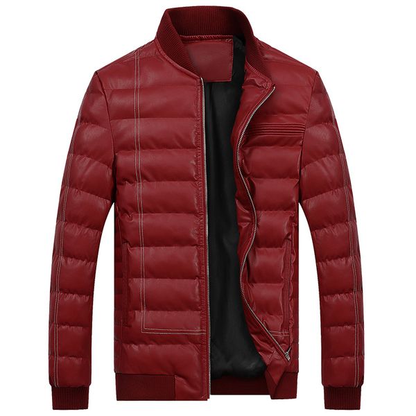 

winter open wire knitted baseball collar cotton-padded clothes thick warm men's pu leather cotton-padded jacket coat, Black
