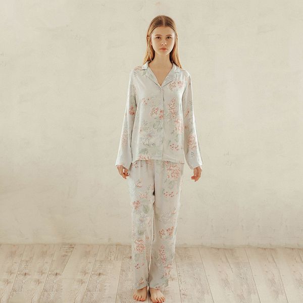 

women long sleeve floral pajamas suit turn-down collar nightwear woman pyjamas ladies long pants sleepwear sets, Blue;gray