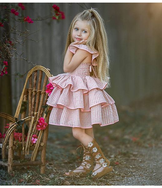 

ins baby girls plaid fly sleeve halter cake pettiskirt dress children open back pleated tutu party dress birthday gift kids designer clothes, Red;yellow