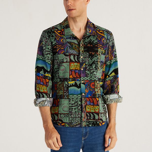 

printed men casual shirt vintage long sleeve button lapel 2020 streetwear loose mens hawaiian shirts camisas hombre, White;black