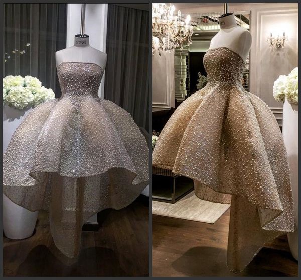 

2019 new elegant short wedding dresses pearls strapless backless bridal gowns hi-lo party dress sexy, White