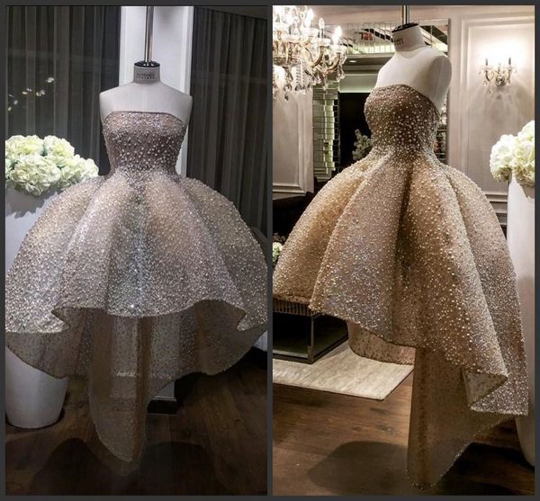 2019 novo elegante curto vestidos de casamento de alta qualidade pérolas sem alças sem encosto vestidos de noiva hi-lo party dress sexy