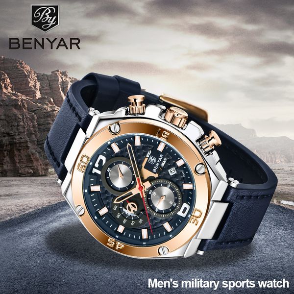 

benyar 2019 new quartz men's watches multifunction sport chronograph watch men luxury brand wrist watch relogio masculino, Slivery;brown