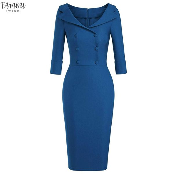 

women's classic vintage v neck double breasted cocktail party bodycon dress autumn winter slim sheath pencil dresses, Black;gray