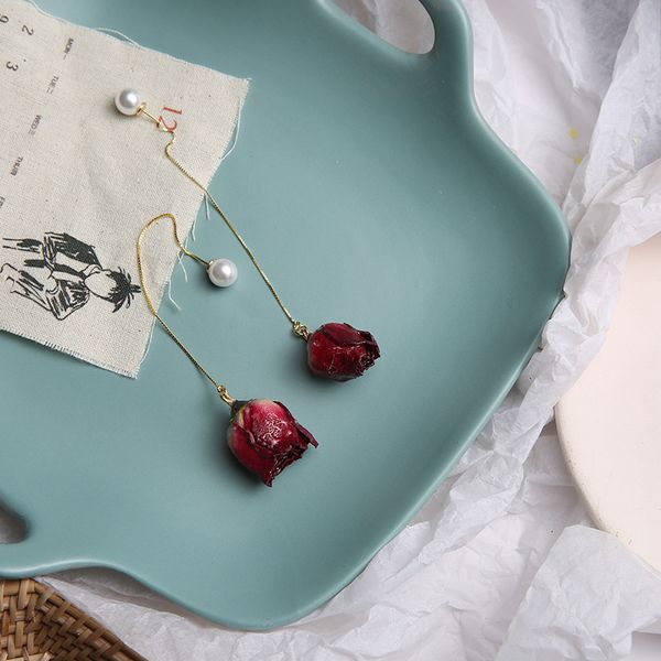 

1 pcs s925 silver needle natural flower earrings for women girls dark rose earrings long pearl temperament jewelry gifts 2019, Golden