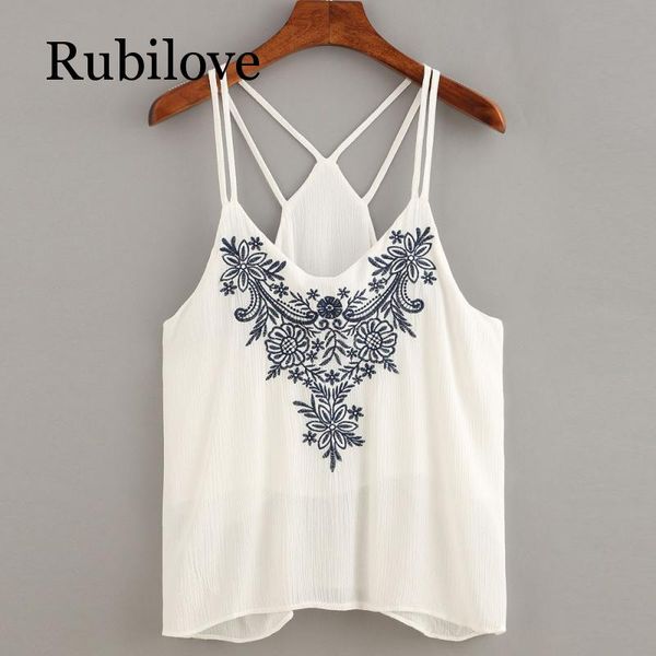 

rubilove backless halter crop women fashion flower embroidered shirts ladies sleeveless strappy summer cute girls, White