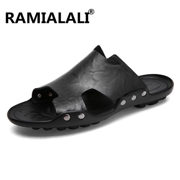 

big size 35-47 men sandals summer leather fashion beach male shoes casual soft leather shoes slip-on for men, Black