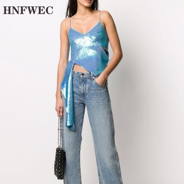 

women blue sequins irregular split joint camis new v-collar sleeveless personality fashion tide spring summer 2020 u310, White