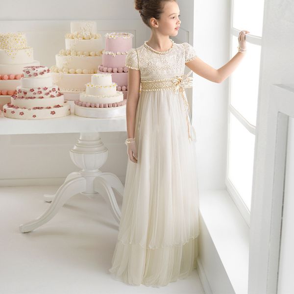 

europe and america children boy's formal dress wedding dress lace high-waisted elegant long skirts performance birthday girls pr, Red;yellow