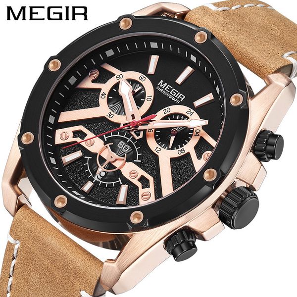 

relogio masculino megir men watch brand luxury waterproof sport male date 24 hour clock leather military quartz watch 2120, Slivery;brown