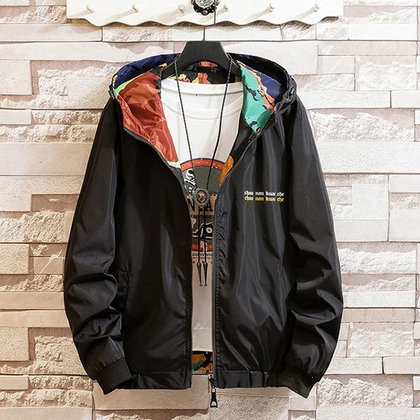 

men's autumn casual fashion camouflage printing hoodie two-sided wear thin coat trendy windbreaker coat brand clothing 9.24, Black;brown