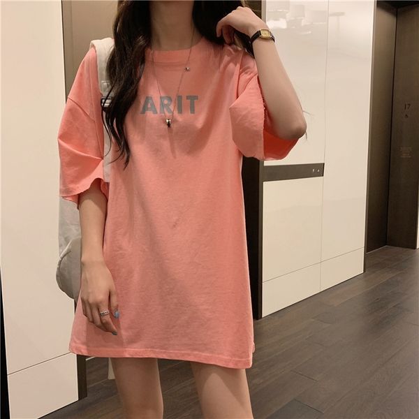 

2020 letter printing loose medium-long versatile round collar t-shirt female coat t-shirt student r219a, White