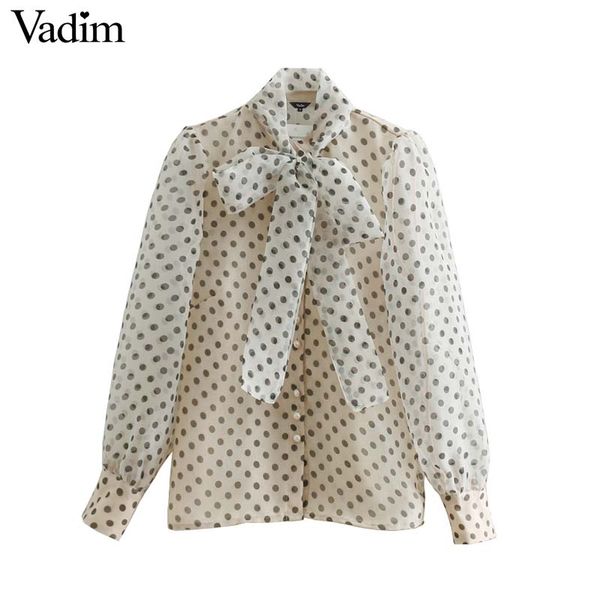 

vadim women organza polka dot blouse bow tie collar see through long sleeve sweet female transparent shirt blusas la859, White