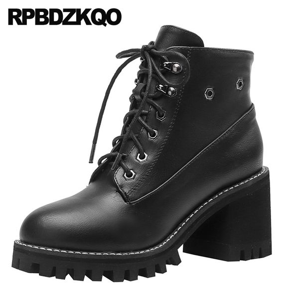 

short chunky shoes women ankle thick 2019 waterproof block lace up black fashion boots high heel autumn round toe