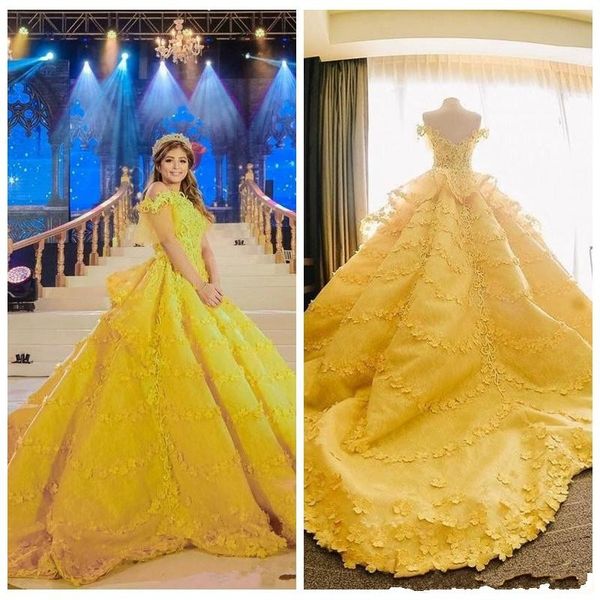 

2020 new arrival arabic yellow ball gown quinceanera dresses off shoulder lace 3d floral appliques sweet 16 party pageant prom evening gowns, Blue;red