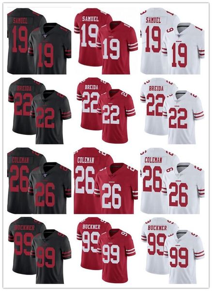 

men women youth san francisco 49ers 22 matt breida 99 deforest buckner 19 deebo samuel 26 tevin coleman red white custom football jersey, Black;red