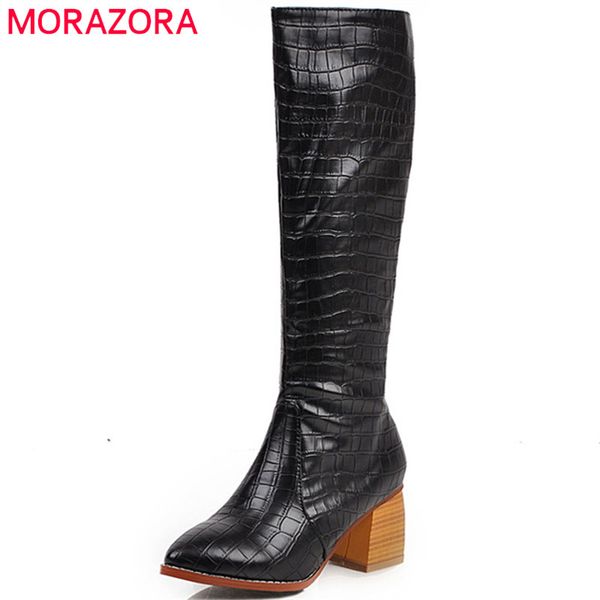 

morazora 2020 big size 47 women knee high boots snake pointed toe autumn winter boots zip high heels dress party shoes woman, Black