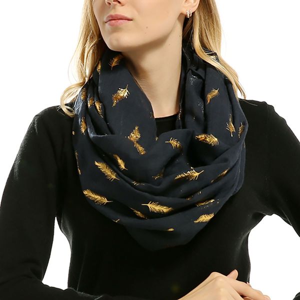 

#40 scarf women bronzing feather print scarf ladies elegant circle scarves loop infinity muffler sjaal, Blue;gray