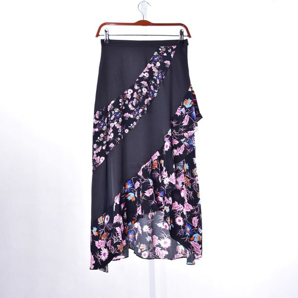 

2019 spring summer floral print ruffles asymmetry mid-calf skirts m3118, Black