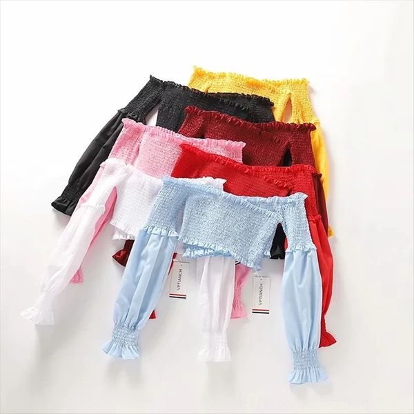 

season pleated wood ear stretch slim long sleeve t-shirt women's high waist navel solid t-shirt color top, White